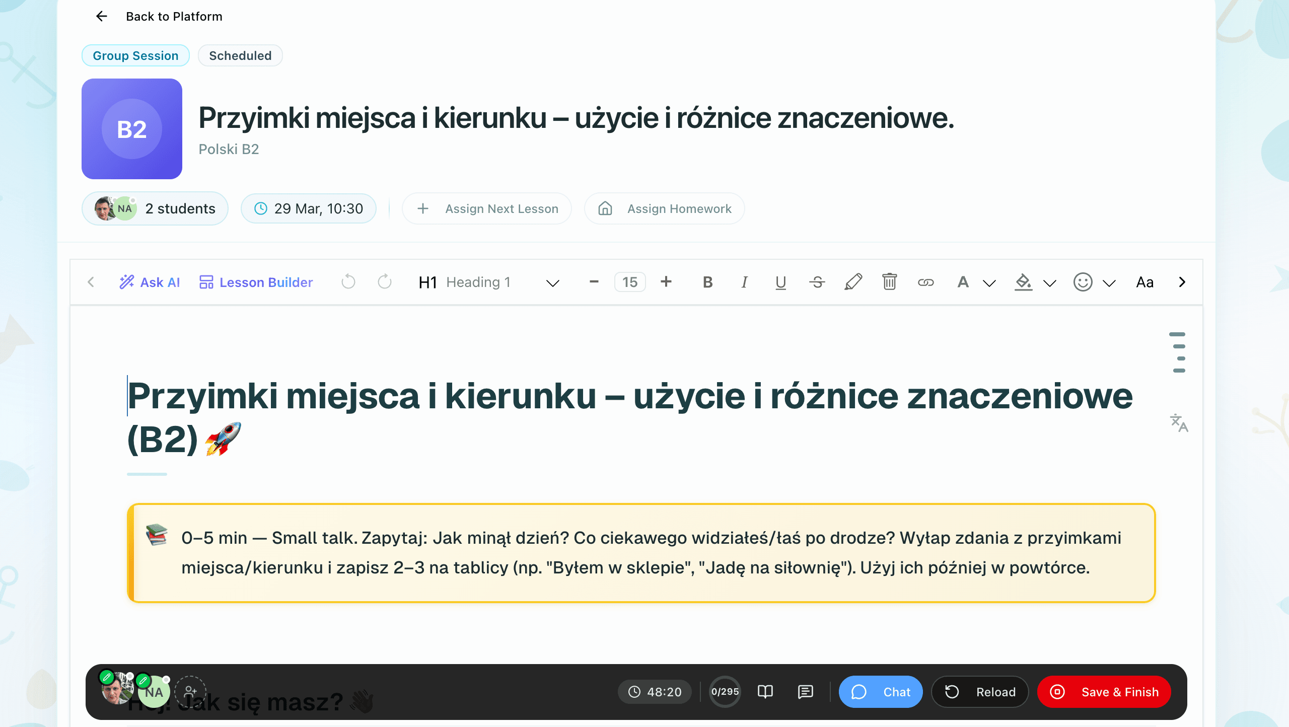 Speakly.PRO Teacher UI — conducting a live lesson with students